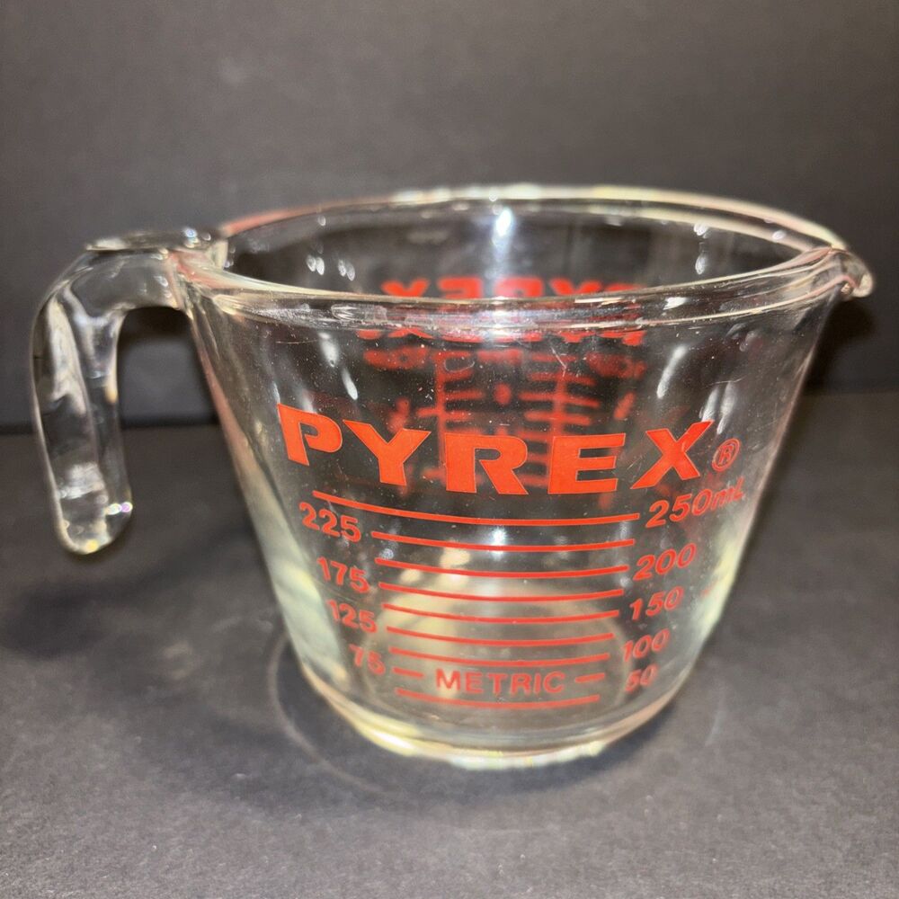 Pyrex 1 Cup Clear Measuring Cup with Red Graphics Oven Safe Made in USA